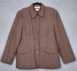 PURSUITS LTD Blazer Jacket Womens Size 14 Brown Houndstooth Worsted Wool Career